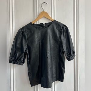 Who What Wear Faux Leather 3/4 Puff Sleeve button back top